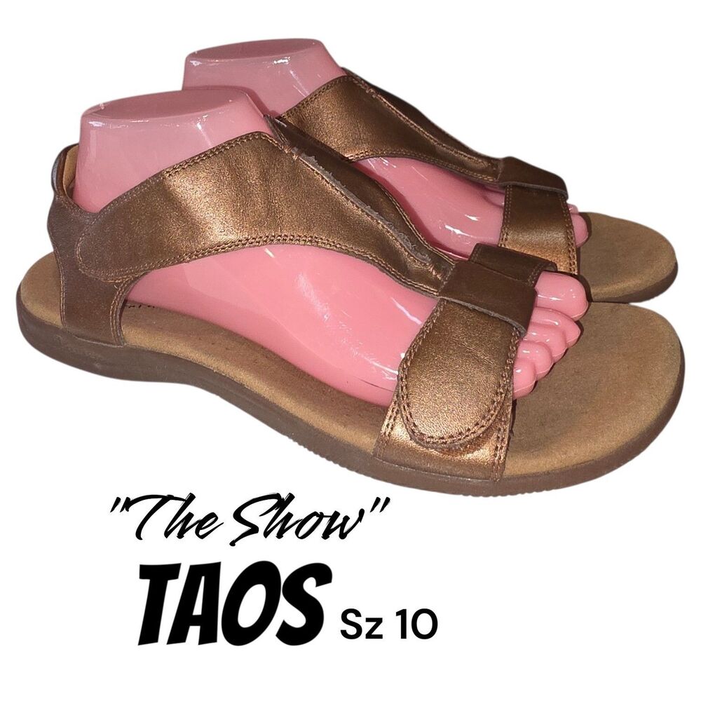 Taos Sz 10 The Show T Strap Arch Support Boho Gold Leather Casual Logo Sandals